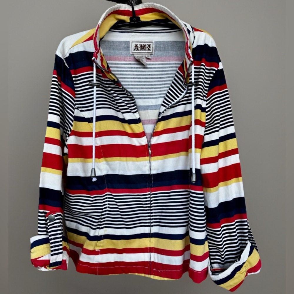 AMX Womens Full Zip Long Roll Tab Sleeves Jacket Multicolored Stripe Pockets XL